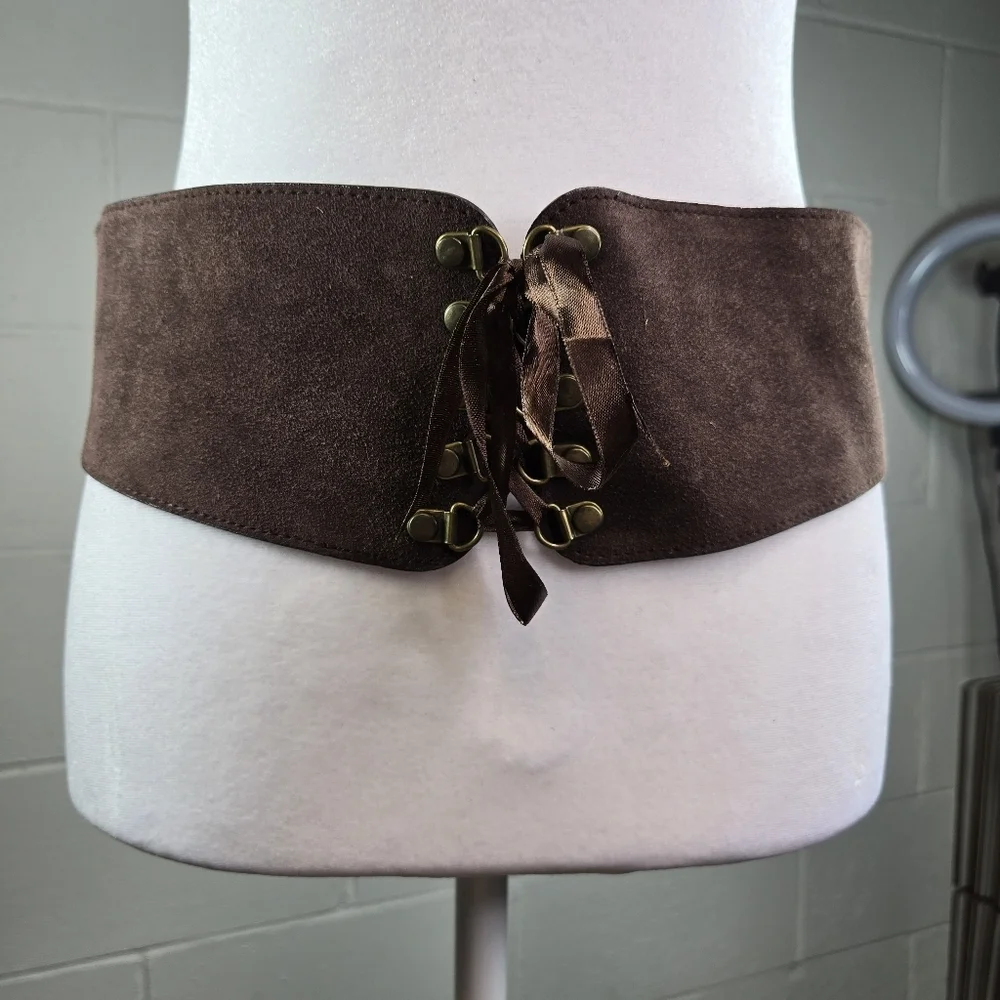 Vtg brown suede leather lace up corset Coquette womens belt